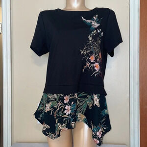 W5 women’s blouse large shirt black Asian peplum embroider bird shirt sleeve